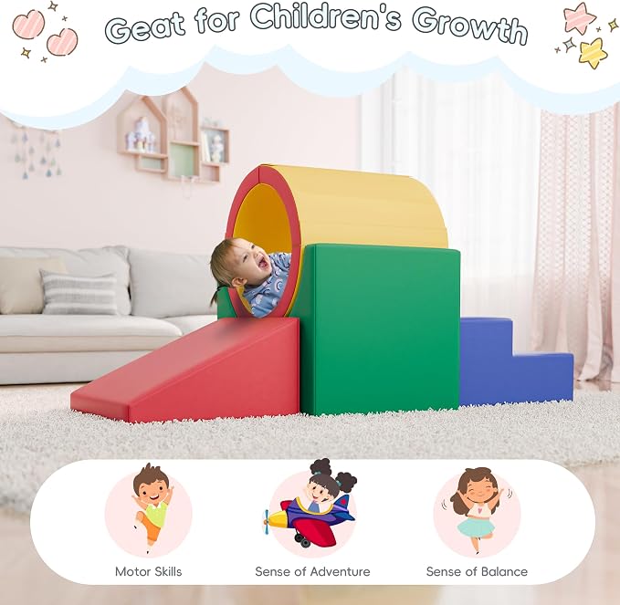 TOLEAD Tunnel/Ramps Foam Climber, Climb & Crawl Foam Activity Play Set for Toddlers and Kids, Safe Indoor Crawling Gym Equipment for,Infant,Baby Waterproof Easy to Clean