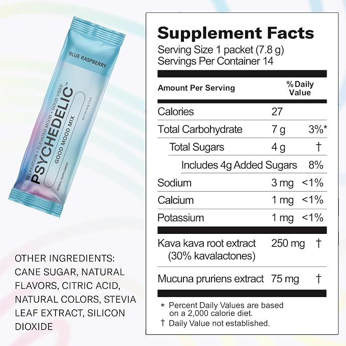 Psychedelic Water Calming Kava Drink Mix (14x5.5g) Flavored Kava Powder - Calming Drink Powder Packets - Easy Open Single Serving Drinks - 14 Calm Packets - Blue Raspberry