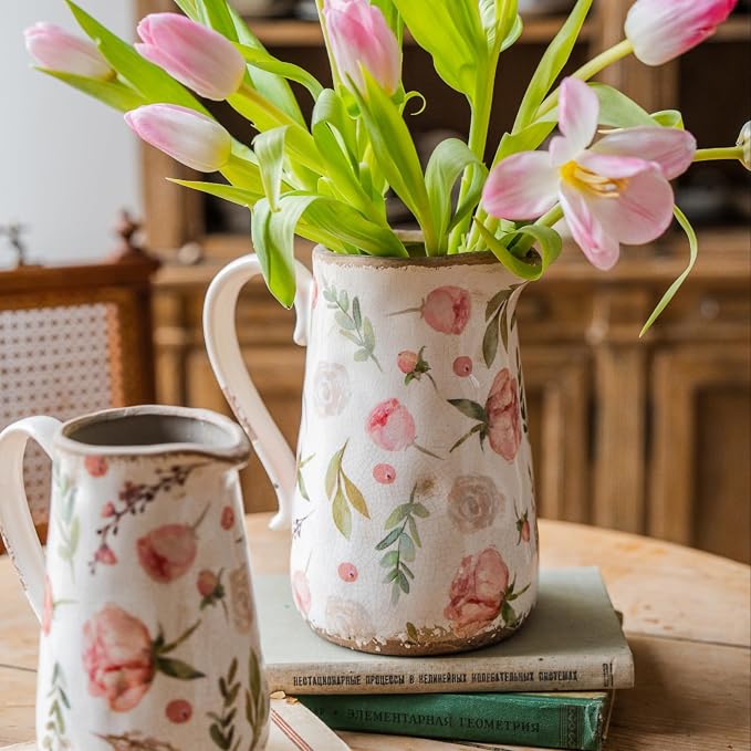 Retro Rustic Large Ceramic Vase with Handle, Distressed Farmhouse Pitcher for Home, Ideal Shelf Decor Floral Vase for Living Room Bedroom Office Table Centerpiece Decorations 9 Inch
