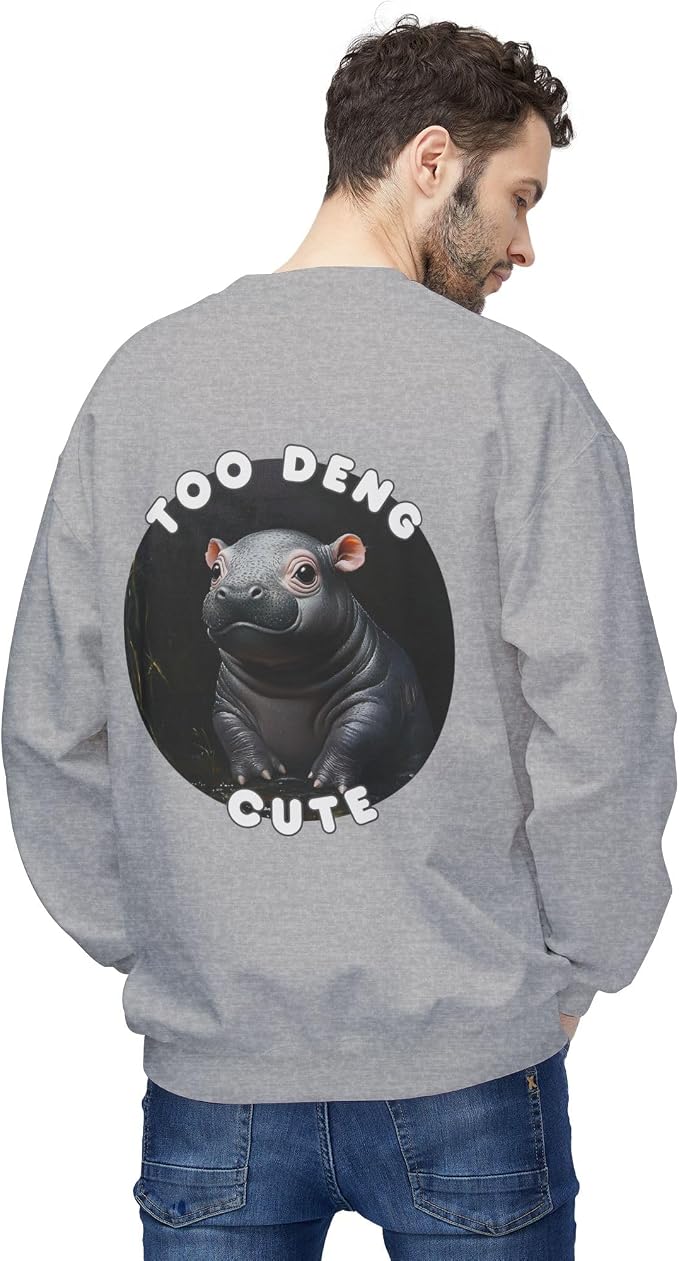 Unisex Fleece Crewneck Sweatshirt - Too Deng Cute Moo Deng Hippo, Cozy Cotton Blend, Classic Relaxed Fit