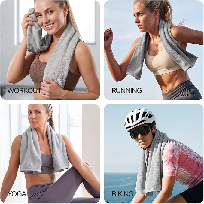 REDKISS 2 Pack Cotton Workout Towels, 43" x 16" Super Absorbent Soft Gym Towels for Men & Women, Large Sweat Sports Towel for Yoga Running Swimming Travel Camping - Light Gray