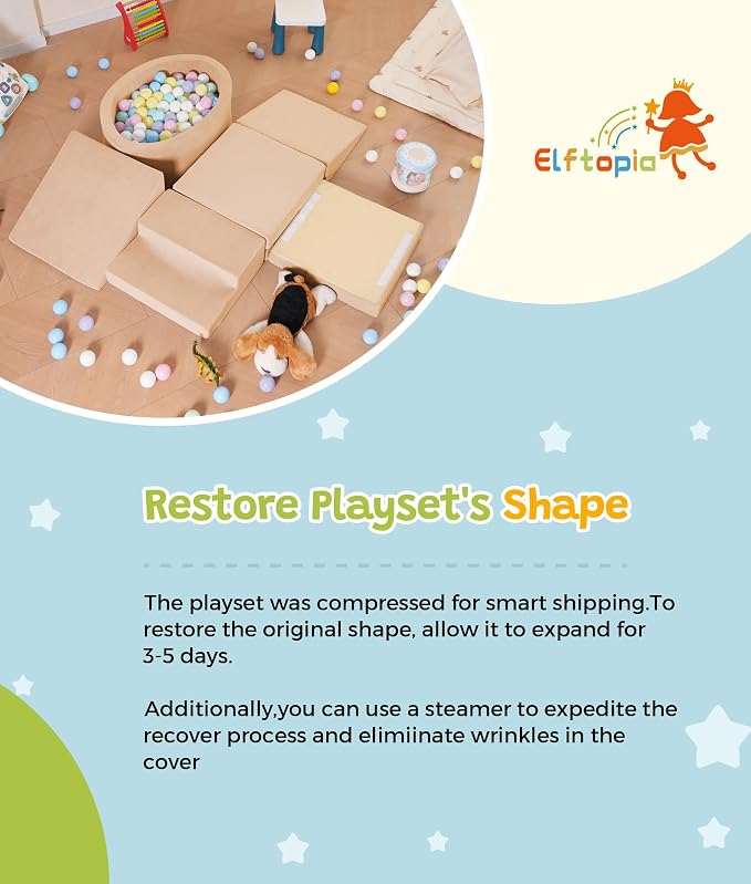 Elftopia Foam Climbing Blocks with Ball Pit & Stairs for Toddlers Aged 1-3 -Soft Playset for Indoor Crawling, Foam Playground Set for Baby to Active Playing Inside -(Balls NOT Included),Beige