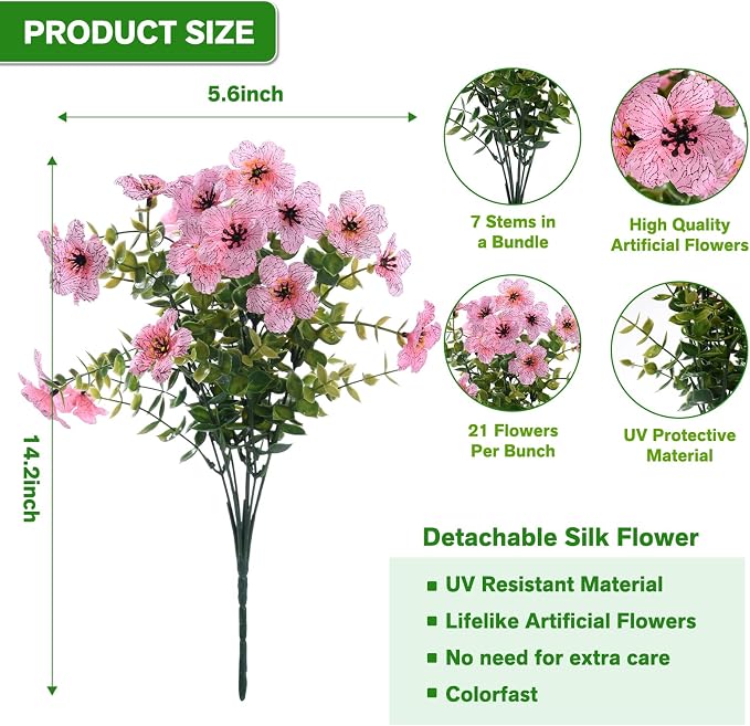 13 Bundles Artificial Flowers for Outdoors Summer Decoration | Silk Realistic UV Resistant Fake Plants Faux Flowers for Outside Planter Porch Yard Patio Garden Home Indoor, Pink