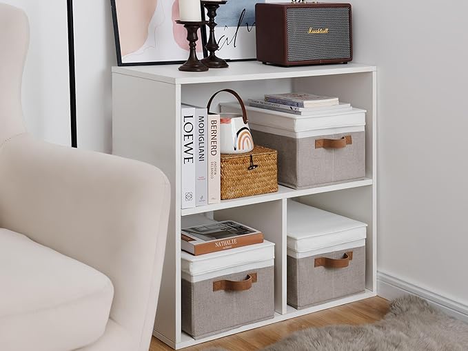 StorageWorks Fabric Storage Bins with Lids, Closet Storage Bins | Lidded Dust-proof, Easy Pull Handles, Foldable, Stackable, Ideal for Clothes Blanket Towel, Large, Brown and White, 3-Pack