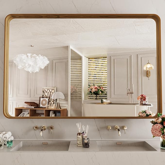 LOAAO 48X30 Inch Bathroom Mirror with Wood Grain Colored Metal Frame | Rounded Rectangle Metal Framed, Anti-Rust, Hangs Horizontally or Vertically, Tempered Glass