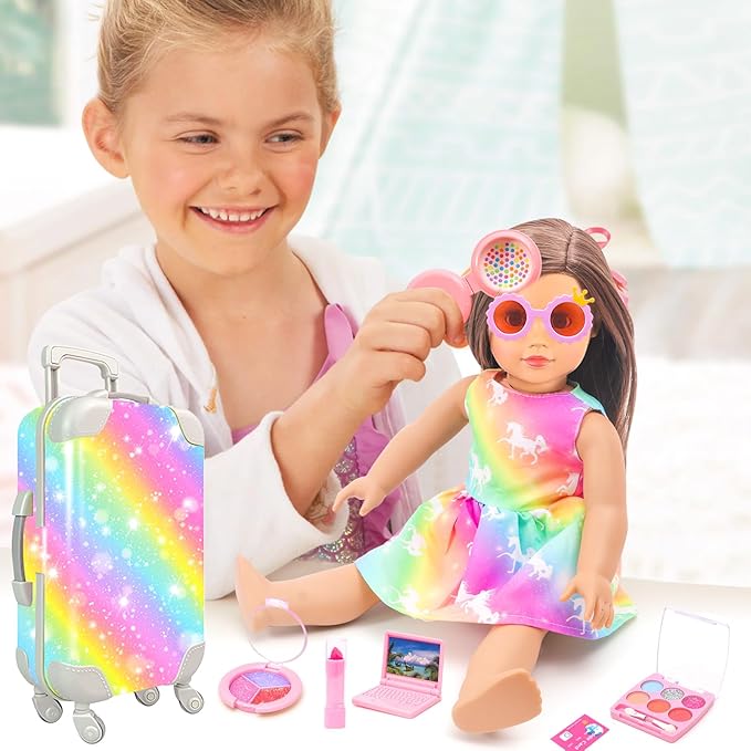 HAPGFS American 18 Inch Doll Accessories Travel Set Brilliant Colors Including Suitcase Luggage and Dress with Hat, Camera, Makeup Sets Dolls Travel Gear Play Set Gift for Birthday (NO Doll)