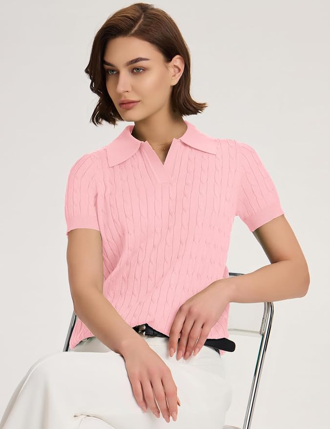 Micoson Womens Short Sleeve Sweater Tops Lapel V Neck Polo Shirts 2026 | Summer Cable Knit Loose Blouses, Business Casual Outfits