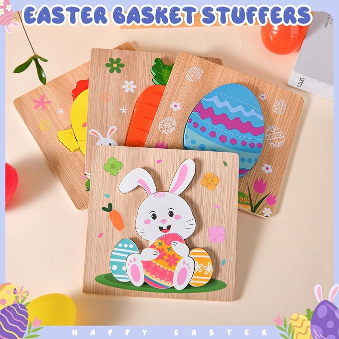 4 Pack Easter Wooden Puzzles for Kids Boys Girls Toddlers Jigsaw Puzzles Toys for Easter Basket Stuffers Party Favor