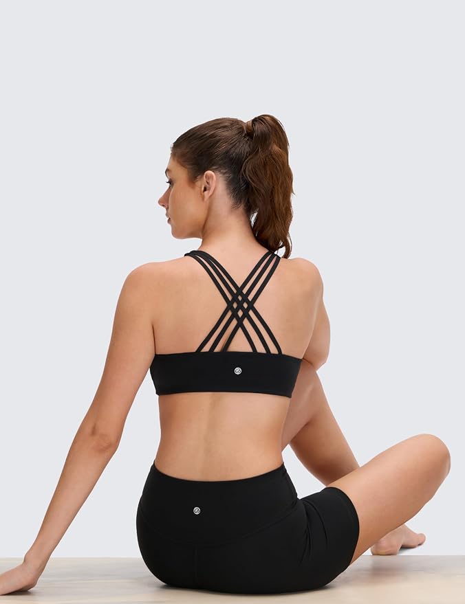 CRZ YOGA Butterluxe Multi-Strap Cross Back Sports Bras for Women - V Neck Padded Strappy Wireless Yoga Top
