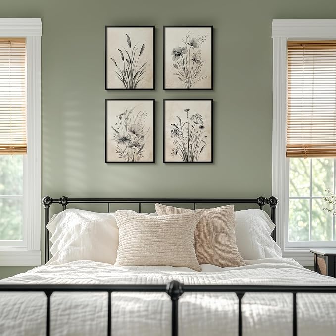 Framed Vintage Rustic Farmhouse Botanical Floral Wall Art, 4 Piece 11x14 In | Retro neutral flower pictures, Waterproof canvas prints, Ready to hang artwork, Kitchen bedroom hallway wall decor