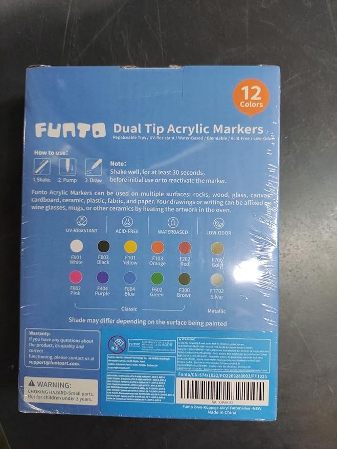 Funto Dual Tip Acrylic Paint Markers, Paint Pens for Rock Painting, Wood, Canvas, Ceramic, Fabric, 12 Colors, Quick Drying, Non-Toxic, Arts and Crafts