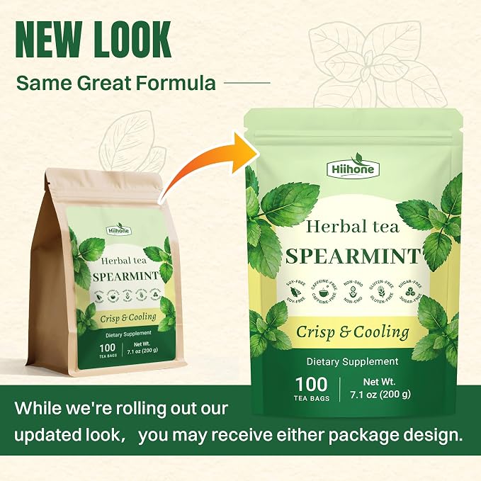 Hiihone Spearmint Tea Bags 100 Count – Pure Spearmint Leaf Herbal Tea, Caffeine-Free, Refreshing Mint Flavor, Supports Digestion & Everyday Wellness, Non-GMO