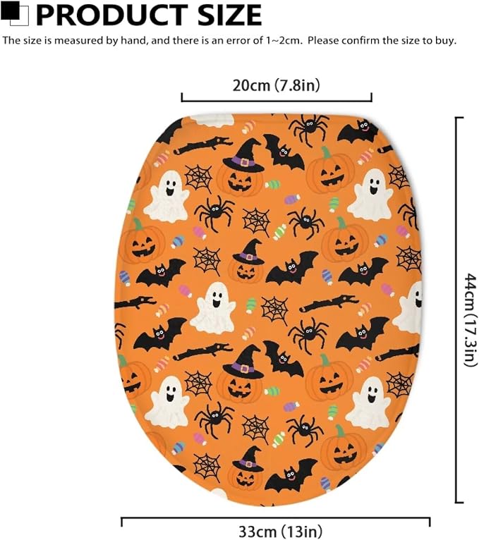 Toilet Seat Cover, Machine Washable Reusable Toilet Lid Cover, Bathroom Decorative Flannel Soft Toilet Lid Cover-Halloween Ghost Pumpkins