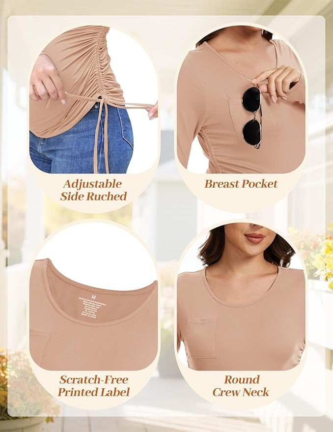 Fotociti Maternity Shirts Long Sleeve, Pregnancy Side Ruched Tops,Women’s Clothes for Mama Work Casual Yoga Wearing