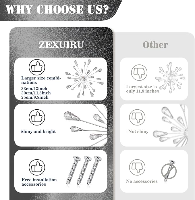 ZEXUIRU 4 Set Silver Starburst Wall Art for Home Decor Metal Bling Crystal Rhinestones Sunburst Wall Decor Sparkling Rhinestone Art Accent -Silver 13in/11.8in/9.8in/9.8in