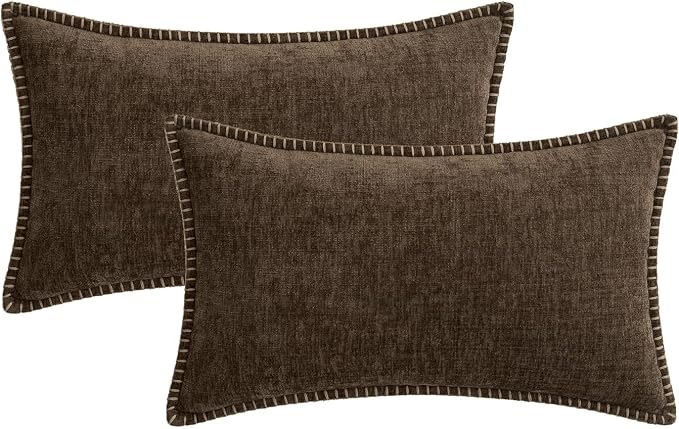 MIULEE Decorative Lumbar Throw Pillow Covers 12x20 Inch Brown 2 Pack | Farmhouse Pillow Covers with Stitched Edge, Soft Chenille Cushion Cases, for Couch Sofa Bed Living Room Home Decor