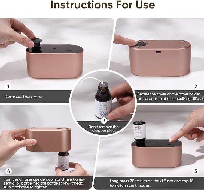 Lecdura Waterless Diffuser for Essential Oil, Battery Operated Scent Air Aromatherapy Diffuser, Mini Aroma Diffusers with 3 Intermittent Mist Modes, Cycle Start for Home Office Bedroom - Rose Gold
