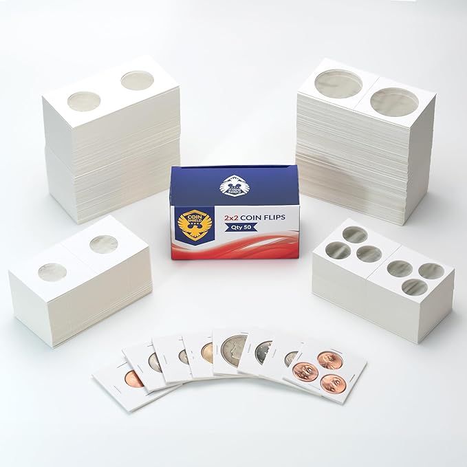 50 Quarter 2x2 Cardboard Coin Flips with Mylar Windows Archival Safe