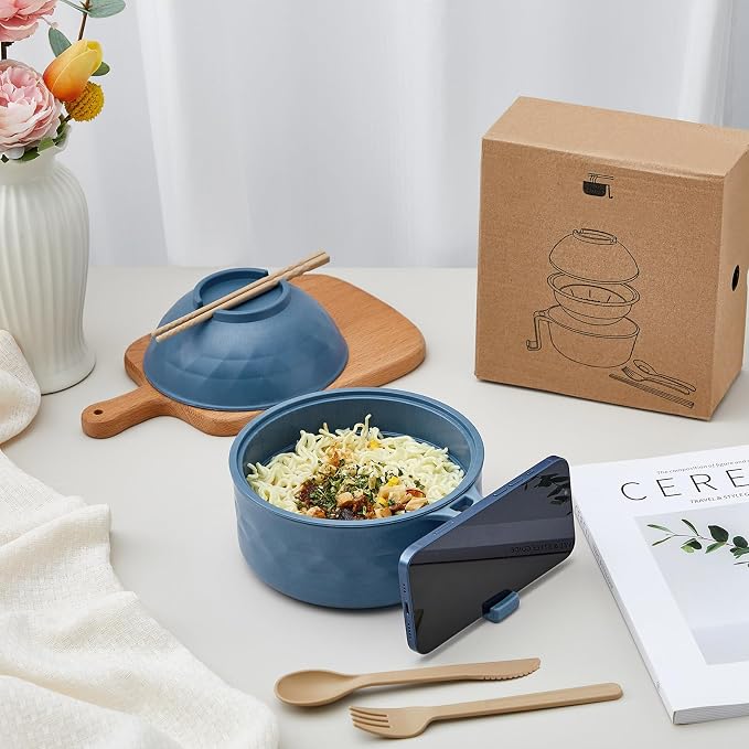 1 Set Microwave Ramen Cooker 40oz Wheat Straw Microwave Noodle Bowl Set with Chopsticks, Spoon, Fork, College Dorm Office Apartment Essentials (Dark Blue)