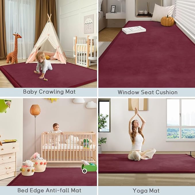 Baby Play Mat for Floor Nursery Muscle Mat Area Rug Playroom Rug 71x79" Elastic Foam 1.3" Thick Crawling Mat for Babies,Toddlers, Infants (Burgundy)