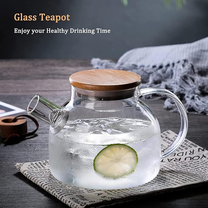 Glass Tea Pot Kettles Stovetop Safe, 33.8oz/1000ml Heatproof Borosilicate Glass Teapot Water Pitcher With Bamboo Lid and Removable Filter Spout for Loose Leaf and Blooming Tea