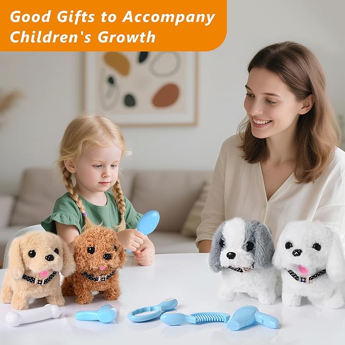 Electronic Interactive Plush Puppy - Battery Operated Mechanical Walking Little Pet Dog with a Cute Bag, Barking, Tail Wagging, Stretching Companion Animal for Toddlers & Kids (Brown)