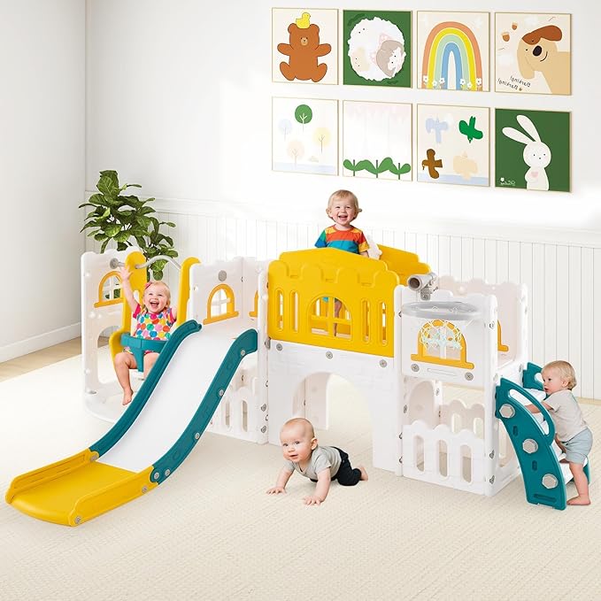 Costzon 10 in 1 Toddler Swing and Slide Set, Kids Slide and Climber Playset w/Aisle, Peek-a-Boo Window & Storage Space, Baby Indoor Playground for Aged 1+ (Yellow+Blue,100" × 59" × 40")