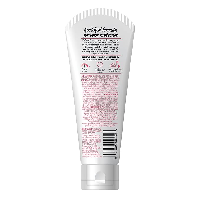 Summer's Eve Blissful Escape Whole Body Deodorant for Women, Aluminum-Free Ultimate Odor Control Cream, 3 Oz (Pack of 2)