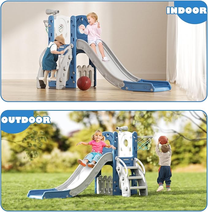 Glaf Toddler Slide 6 in 1 Outdoor Playset Indoor Playground for Kids Toddlers Age 1-3 Baby Slide with Basketball Hoop and Ball Storage Space and Telescope Freestanding Climber Slides Toys (Blue)