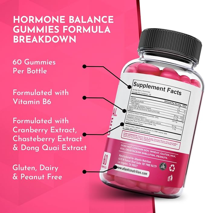 Atlantis Nutrition Hormonal Balance for Women & PMS Relief Gummies - Alleviates Cramps, Bloating, Mood Swings, Hot Flashes & Night Sweats - Cranberry, Dong Quai & Chasteberry Menstrual Cramp Relief