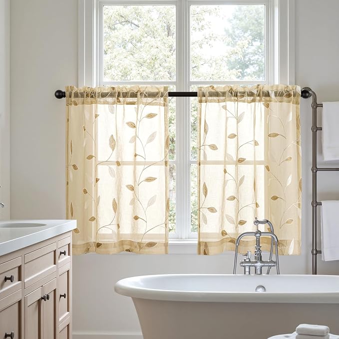 MIULEE Beige Sheer Curtains 2 Panels Embroidered Leaf Patterned Rod Pocket Floral Semi Sheer Faux Linen Short Window Curtains Drapes Set for Kitchen Bathroom Cafe, 30x24 Inches Length