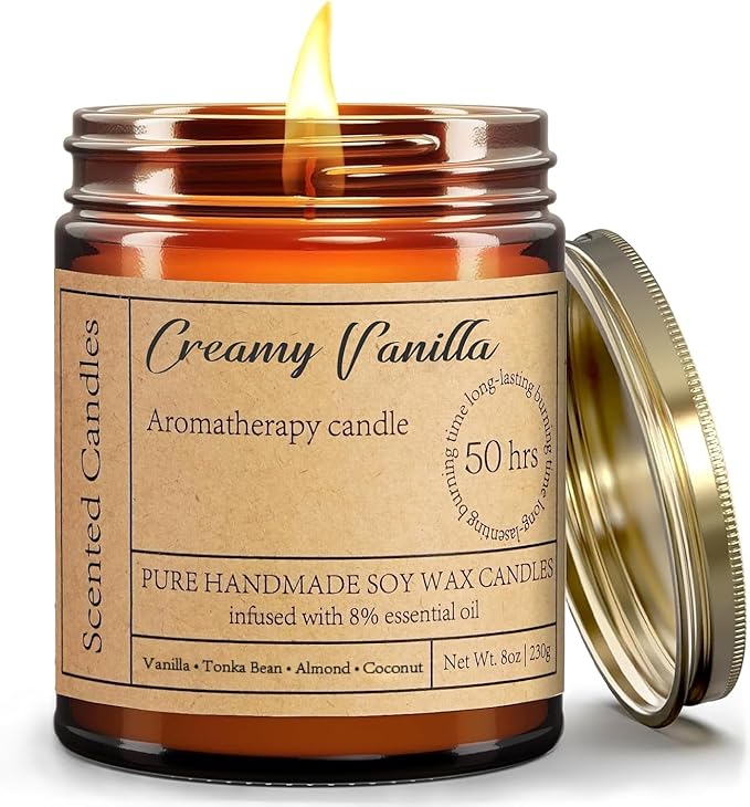 Creamy Vanilla Scented Candles - 8oz Aromatherapy Candles for Women Mom Relaxation Stress Relief, Calming Candles Gifts for Birthday Mothers Day Christmas Soy Wax Candle 50 Hour Burn Time