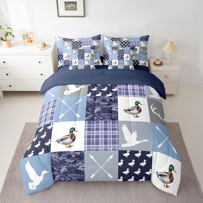 Feelyou Blue Hunting Camo Comforter Set with Sheets 7 Piece Full Size Camouflage Duck Bed in a Bag Kids Boys Girls Wild Animal Hunter Bedding Set Bedroom Decor Breathable Soft Lightweight Microfiber