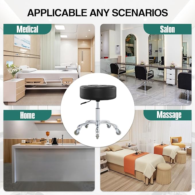 Ainilaily Rolling Stool with Wheels Adjustable Height, Roller Stool for Massage Medical Tattoo Spa Heavy Duty Swivel Desk (Super Thick Cushion, Black)