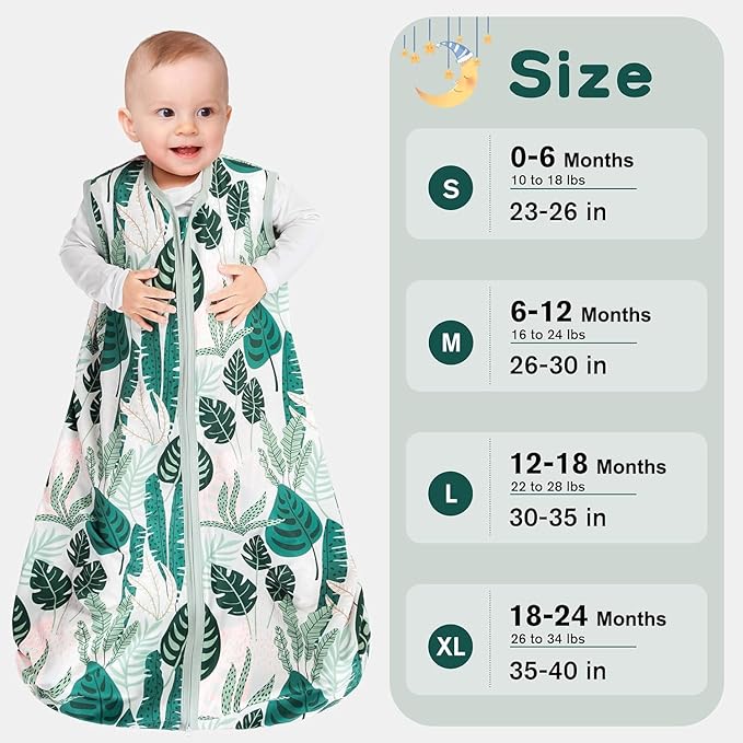 BSTOPPT 3 Pack Baby Sleep Sack 12-18 Months 100% Rayon Cotton Baby Sleeping Bag 2-Way Zipper Toddler Wearable Blankets Comfy Stretchy TOG 0.3 Lightweight(Banana&leaf&green)