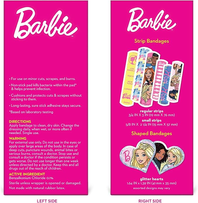 Barbie Antibacterial Kids Bandages, 3 Assorted Sizes 100 CT | Wear Like Stickers, Flexible Adhesive Bandages for Minor Cuts, Scrapes, and Burns. Great Gift idea for Kids
