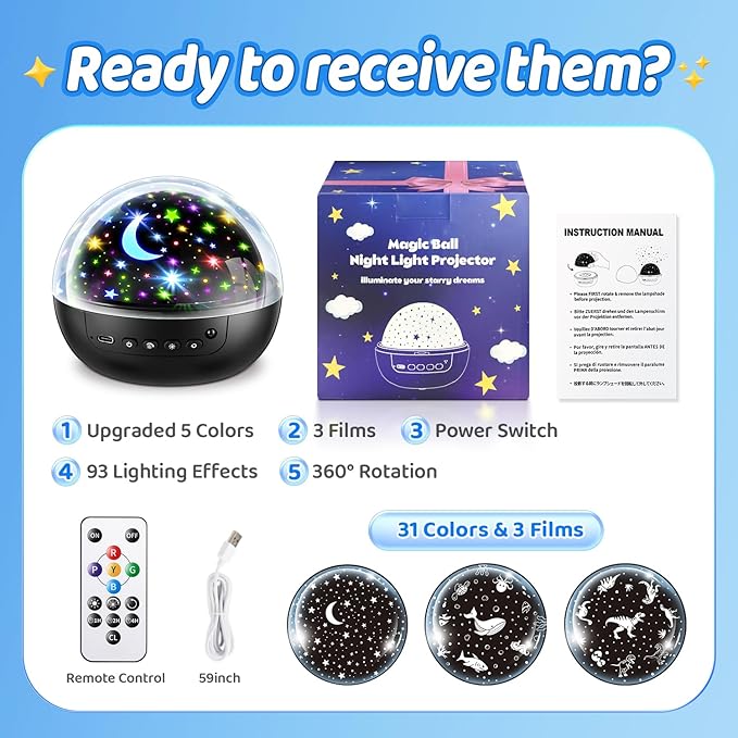 COOLNIGHT Night Light for Kids, 93 Lighting+3 Films Kids Night Light Projector, Remote+Dimmable Star Projector, 360ยฐSlient Glow in The Dark Stars for Ceiling,Gifts for 4 Year Old Boys Christmas Gifts