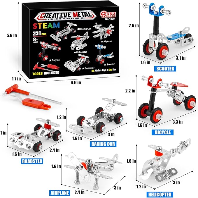 Erector Set Metal Transportation Toys,231 Pcs Cars, Airplane&Bicycle 6 Metal Model Set,Building Kits for Boys 8-12,Stem Project Building Assembly Vehicles,Christmas Toddler Kids Boys Gifts