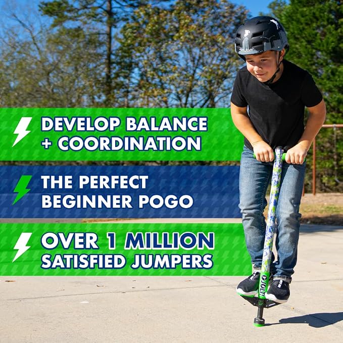 Flybar Jolt Pogo Stick for Kids, Perfect for Beginners w/ Foam-Covered Metal Frame, Handles & Padding, Non-Slip Foot Pads, Wide Tip, Outdoor Active Play Toy for Boys & Girls, Ages 6+, Green Tie Dye