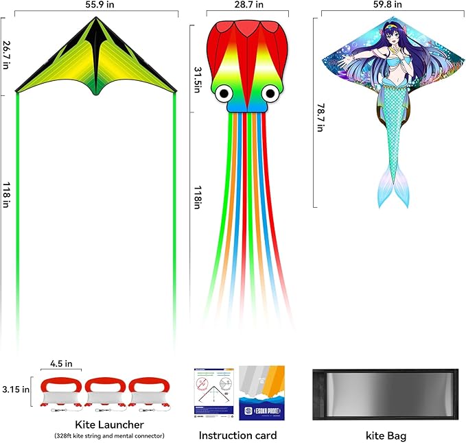 Kites for Adults & Kids Ages 4-8,Beach Kites Easy to Fly for Beginner, with Handle and 328ft Kite String,Best Toy and Gift for Boys & Girls. (Blue Haired Mermaid+Grassland+Octopus, 3)