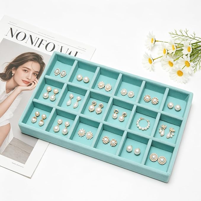 Velvet Jewelry Trays for Drawers, Blue 18 Grids | Stackable Jewelry Drawer Organizer Inserts, Ring Earring Holder Organizer Storage Display Tray with Removable Dividers