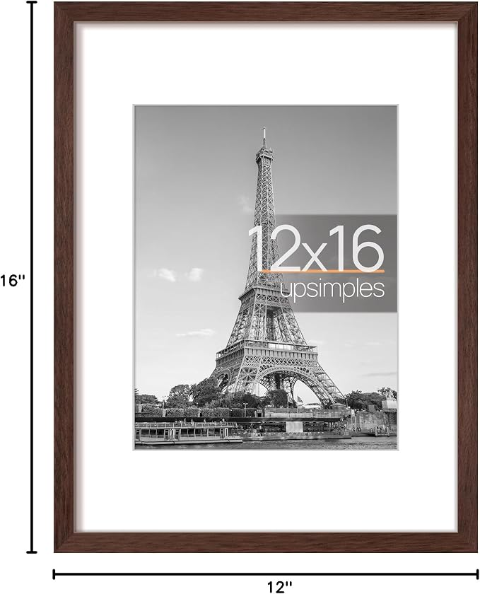 upsimples 12x16 Picture Frame, Display Pictures 8.5x11 with Mat or 12 x 16 Without, Wall Hanging Poster Frames, Brown, 1 Pack