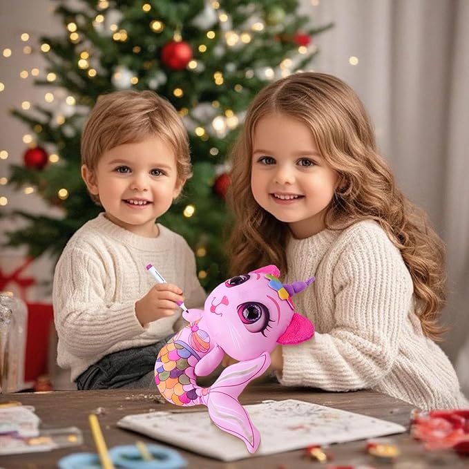 Stuffed Animal Coloring Plush Toy with 20 Washable Markers Laser Holographic Backpack Road Trip Car Game Writing Painting Set for Girls Doodle Dolls Kids Ages 3-6 Birthday(Pink Cat Mermaidr)