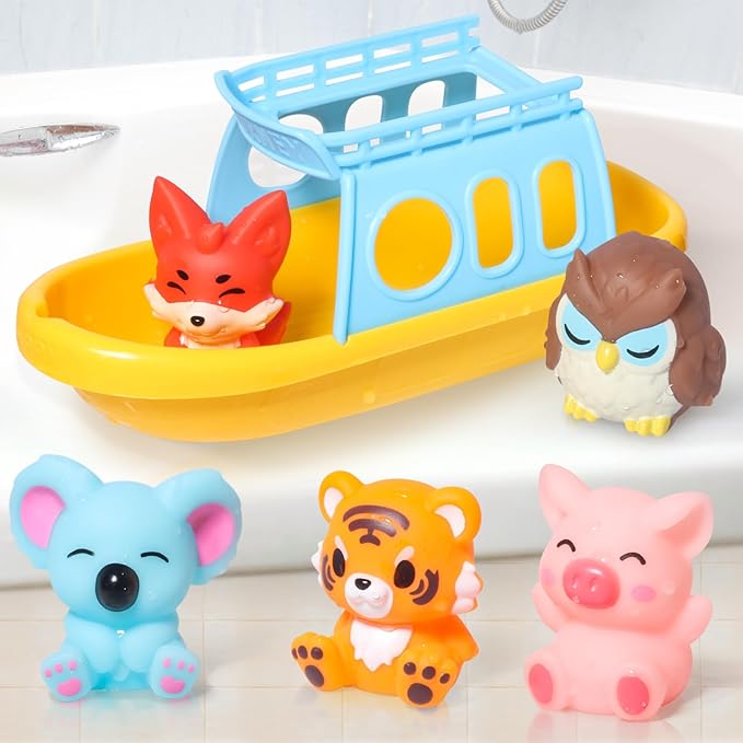 Oriate Bath Toys for Kid, 1 Boat and 5 Silicone Animal Finger Puppets, Sensory Learning Toy Set in The Bathtub, Pool, Beach, Gifts for Kids Boys Girls 3 4 5 6 Year Old