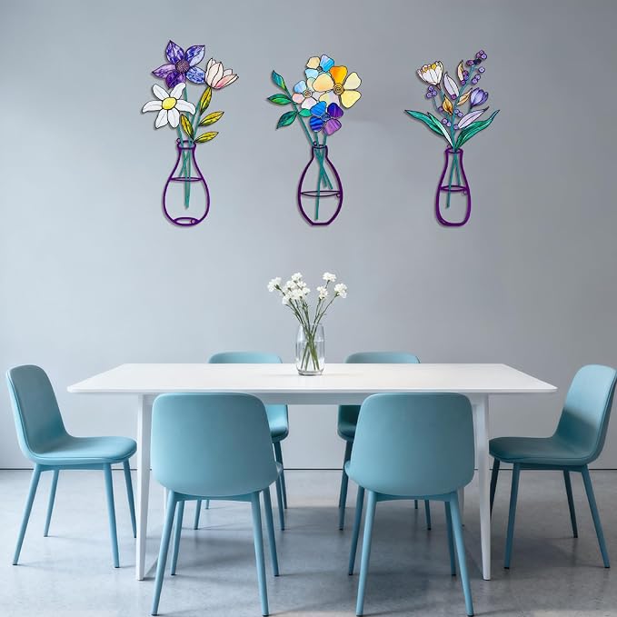 3 Pcs Metal Flowers Wall Arts,Metal Vase Wall Art,Iron Art Painting,Rustic Farmhouse Decor Minimalist Flower Wall Decor for Bedroom Bathroom Living Room Dining Room (Set G)