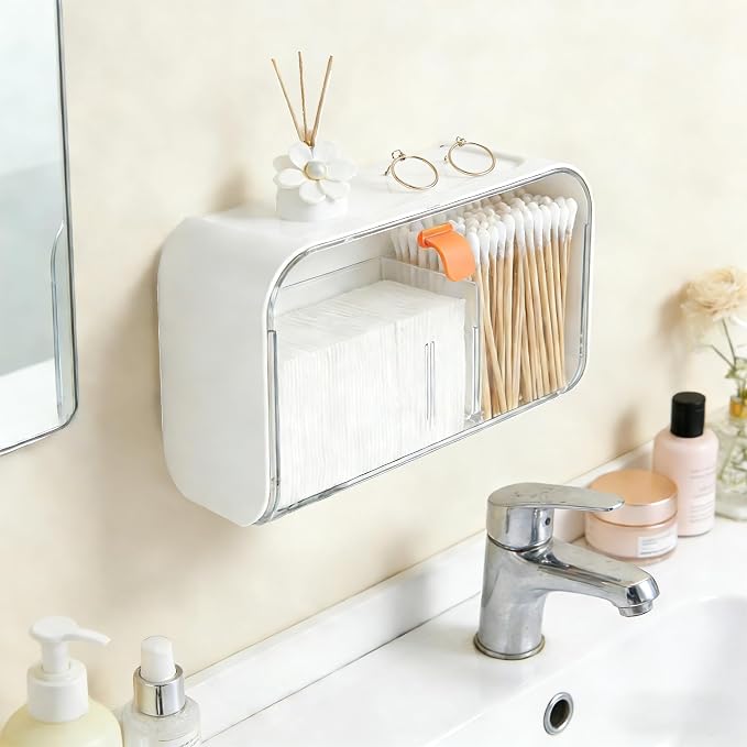 Wall Mounted Cotton Pad Holder for Bathroom, Tampon Organizer and Storage for Feminine Hygiene, Cotton Swabs, Cosmetics Accessories, White