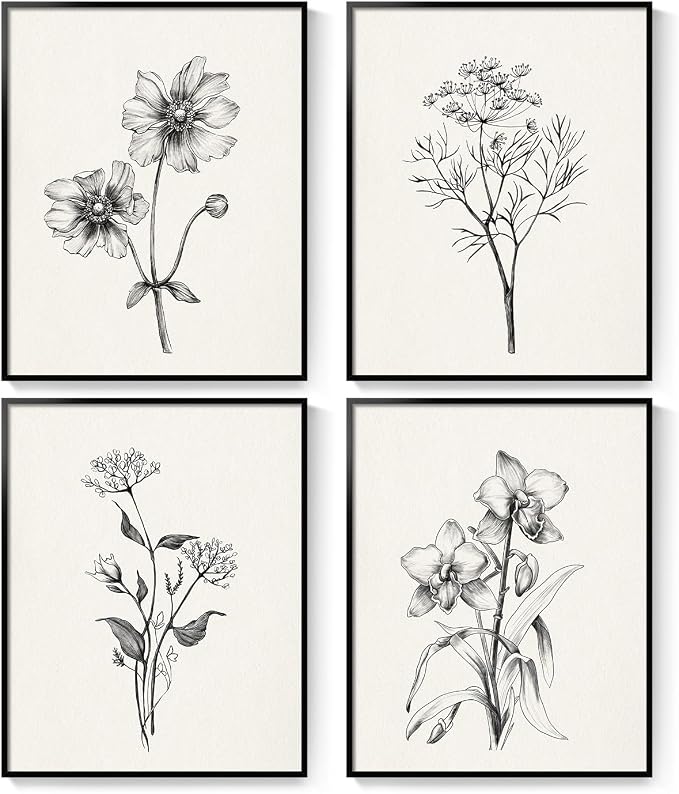 Framed Black and White Minimalist Floral Bathroom Wall Art, 4 Piece 8x10 In | Modern farmhouse wall decor, Flower botanical pictures, Waterproof canvas prints, Living room kitchen hallway bedroom decor