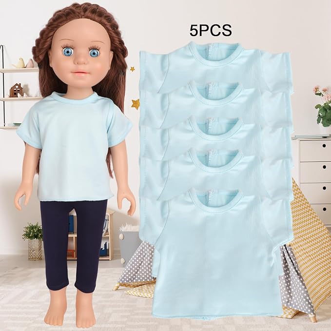 5-Piece Light Blue T-Shirts for 17-18 Inch Dolls / DIY Customizable Plain Tees (Blue)