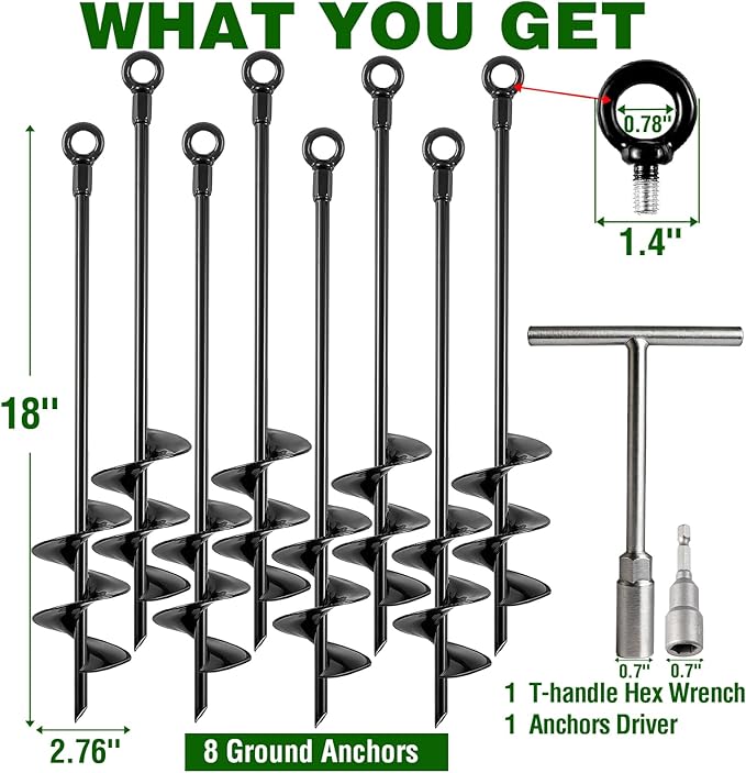 Fabulas Ground Anchors Heavy Duty, Swing Set Anchor Kit 18 Inch 8 Pack Screw in Earth Anchors Trampoline Stakes High Wind Metal Auger Anchor for Shed Tent Carports Securing Animals Camping Mobile Home