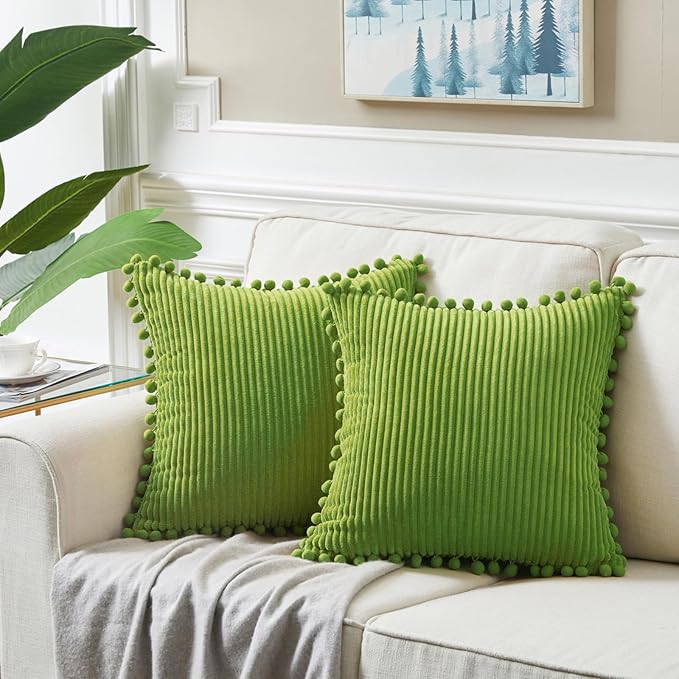 Fancy Homi Pack of 2 Lime Green Decorative Throw Pillow Covers with Pom-poms, Soft Corduroy Solid Square Cushion Cases Set for Couch Sofa Bedroom Car Living Room (18x18 Inch/45x45 cm, Lime Green)